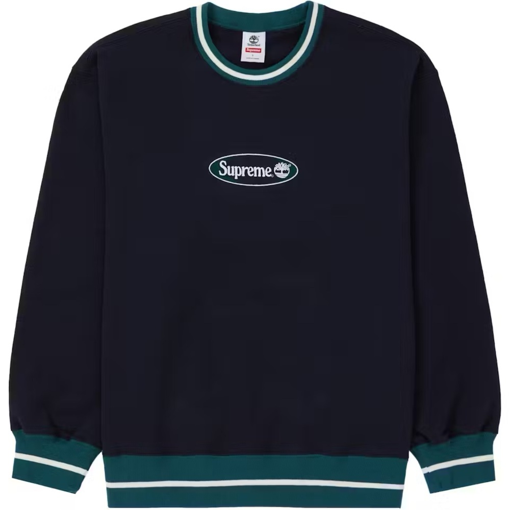 Supreme Men's Dark Blue Crewneck Sweater with Green Trim